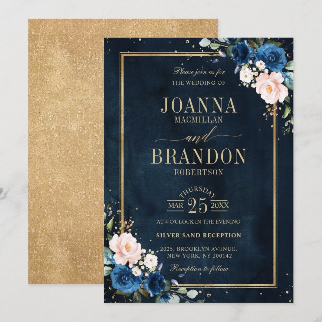 Invitation Marine bleu rose rose rose rose Boho Mariage géomé (Devant / Derrière)