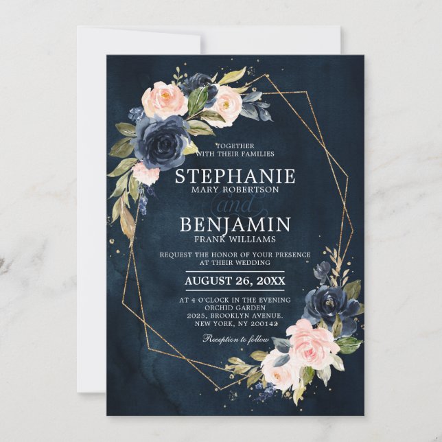 Invitation Marine bleu rose rose rose rose Boho Mariage géomé (Devant)