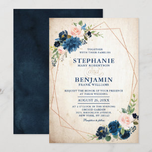 Invitation Marine bleu rose rose rose rose Boho Mariage géomé