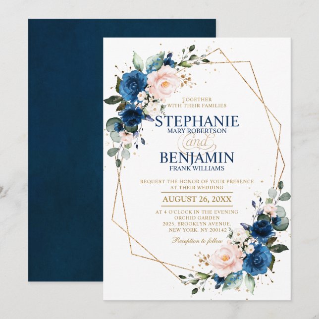 Invitation Marine bleu rose rose rose rose Boho Mariage géomé (Devant / Derrière)