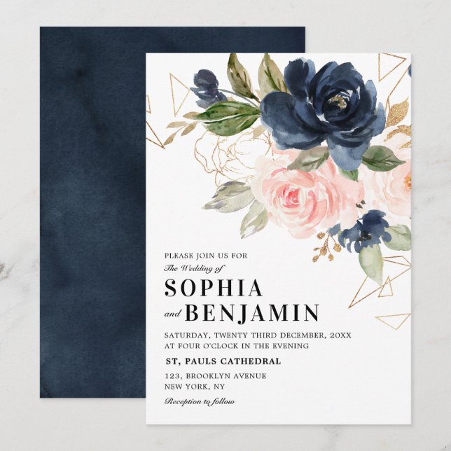 Invitation Marine bleu rose rose rose rose Boho Mariage géomé (Devant / Derrière)
