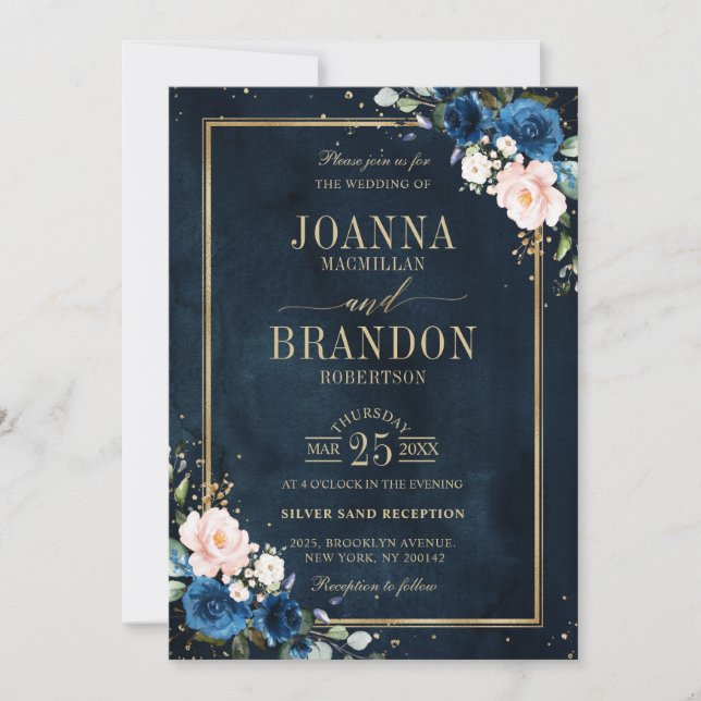 Invitation Marine bleu rose rose rose rose Boho Mariage géomé (Devant)