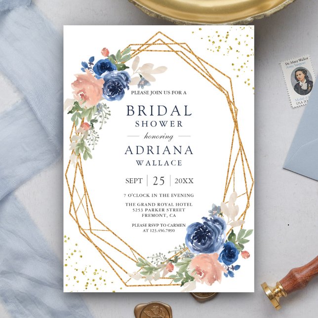 Invitation Marine Bleu rose rose rose Roses Fête des mariées  (Créateur téléchargé)