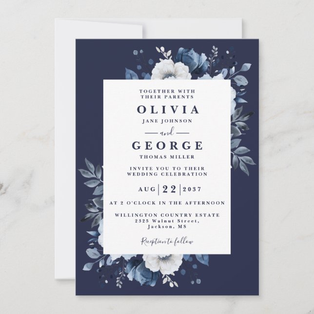 Invitation Marine bleu Rustique élégant Floral Code QR Mariag (Devant)