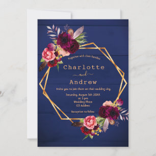 Invitation Marine bleu rustique mur bordeaux floraux mariage