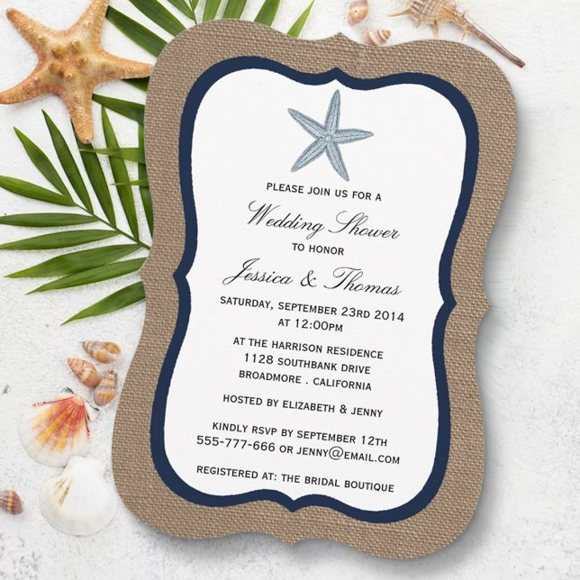 Invitation Marine Bleu Starfish Sur Burlap Beach Mariage Douc (Créateur téléchargé)