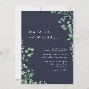 Invitation Marine Bleu subtile verdure Élégant Mariage mode