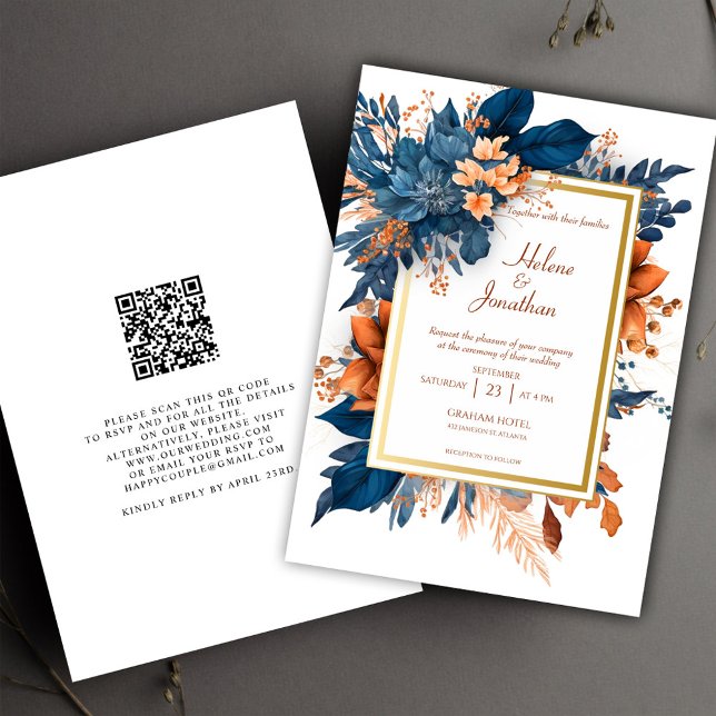 Invitation Marine Bleu Terracotta Jardin Boho Elégant Mariage (Navy Blue Terracotta Garden Boho Elegant Wedding Invitation)