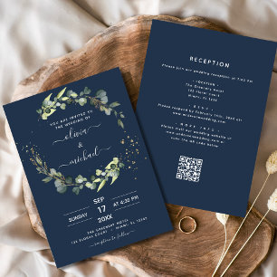 Invitation Marine bleu tout en un Eucalyptus QR Code Mariage