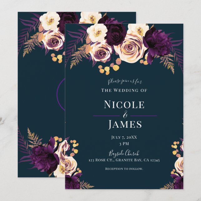 Invitation Marine bleu violet foncé Floral Mariage (Devant / Derrière)