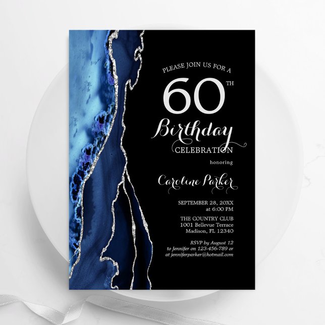 Invitation Marine Blue Agate Argent Noir 60e anniversaire (Créateur téléchargé)