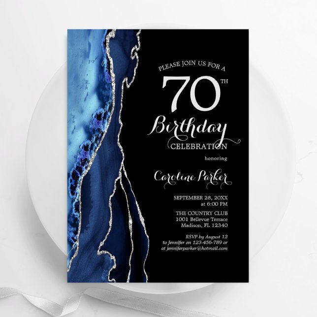 Invitation Marine Blue Agate Argent Noir 70e anniversaire (Créateur téléchargé)