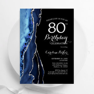 Invitation Marine Blue Agate Argent Noir 80e anniversaire