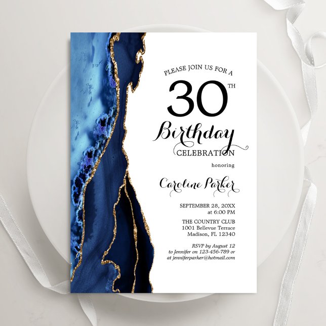 Invitation Marine Blue Agate Or blanc 30e anniversaire (Créateur téléchargé)