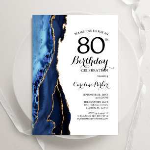 Invitation Marine Blue Agate Or blanc 80e anniversaire
