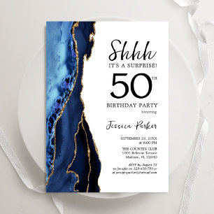 Invitation Marine Blue Agate Or blanc Surprise 50e anniversai