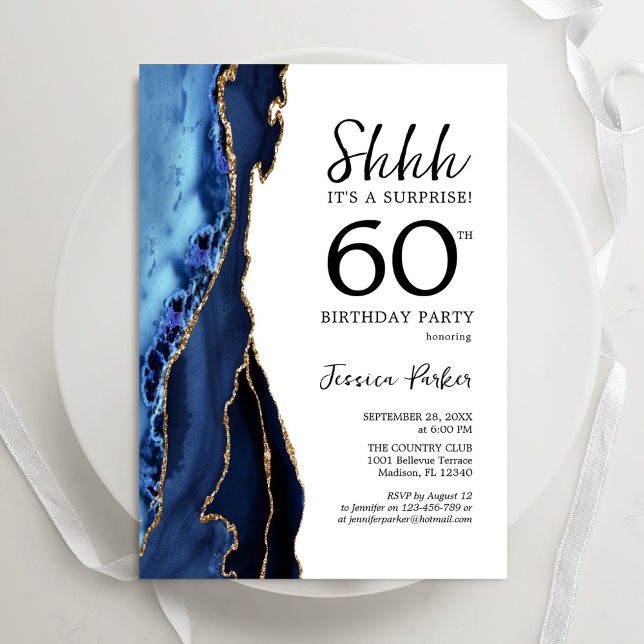 Invitation Marine Blue Agate Or blanc Surprise 60e anniversai (Créateur téléchargé)