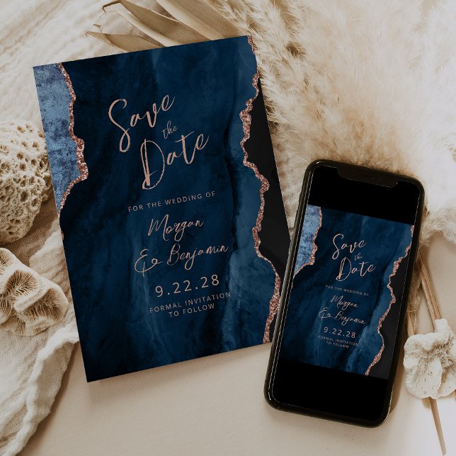 Invitation Marine Blue Agate Rose Gold Wedding Enregistrer la (Créateur téléchargé)