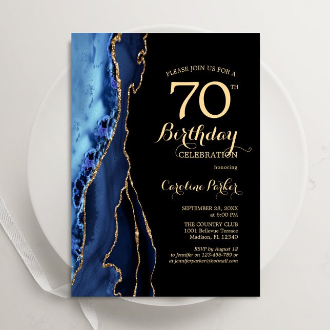 Invitation Marine Blue And Gold Agate 70e anniversaire (Créateur téléchargé)