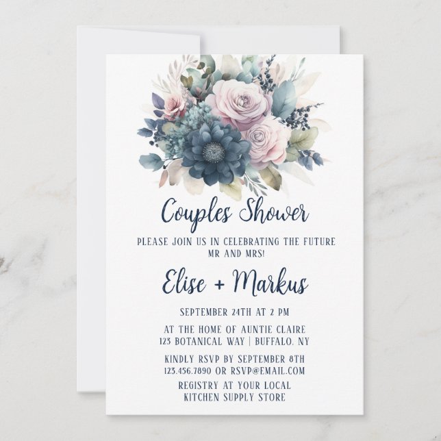 Invitation Marine Blue Blush rose Roses Couples Douche (Devant)