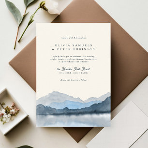 Invitation Marine Blue Boho Watercolor Mountain Photo Mariage