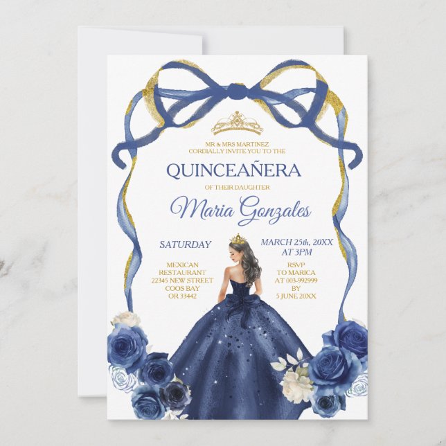 Invitation Marine Blue Bow Princess Gold Crown Quinceañera (Devant)