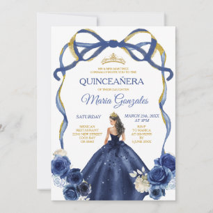 Invitation Marine Blue Bow Princess Gold Crown Quinceañera