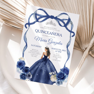 Invitation Marine Blue Bow Princesse Silver Crown Quinceañera