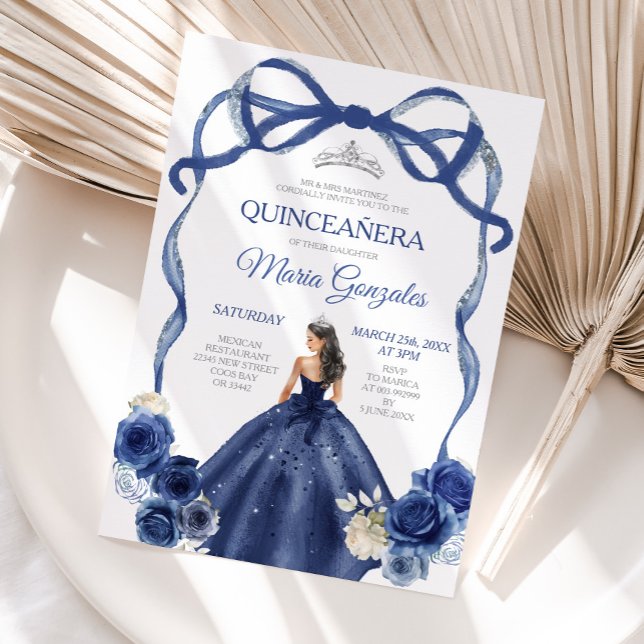 Invitation Marine Blue Bow Princesse Silver Crown Quinceañera (Créateur téléchargé)