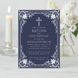 Invitation Marine Blue Boy Baptême Premier anniversaire Croix