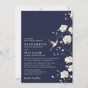 Invitation Marine Blue Chinoiserie Floral Tout en un Mariage