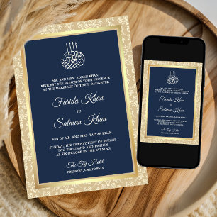 Invitation Marine Blue Cream Damask Islam Muslim Mariage