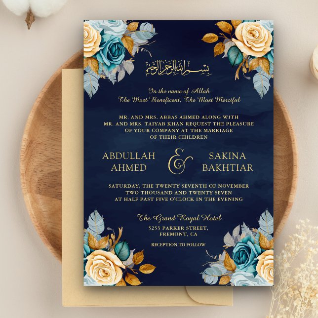 Invitation Marine Blue Cream Floral Gold QR Code Musulman Mar (Créateur téléchargé)