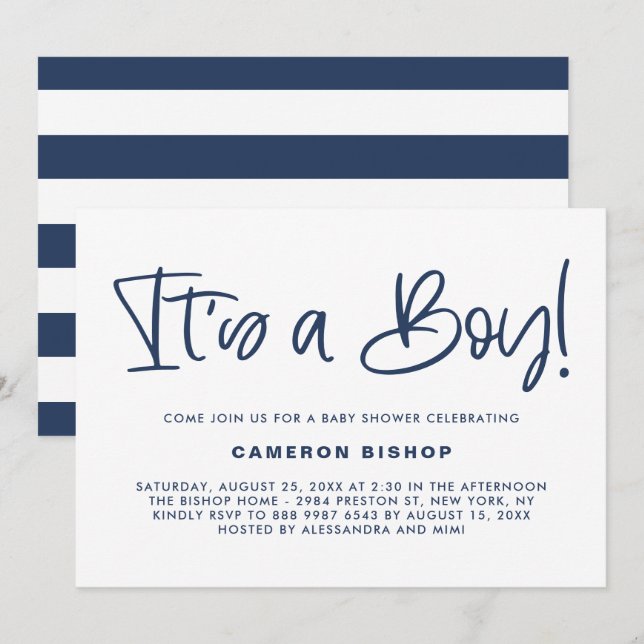 Invitation Marine Blue Cute Calligraphie C'est un Baby shower (Devant / Derrière)