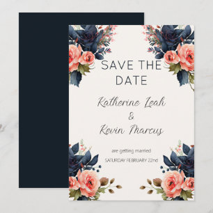 Invitation Marine Blue Dusty Rose Floral Enregistrer la date 