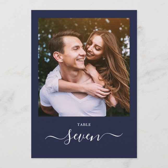 Invitation Marine Blue Elegant Script Numéro de tableau photo (Devant)