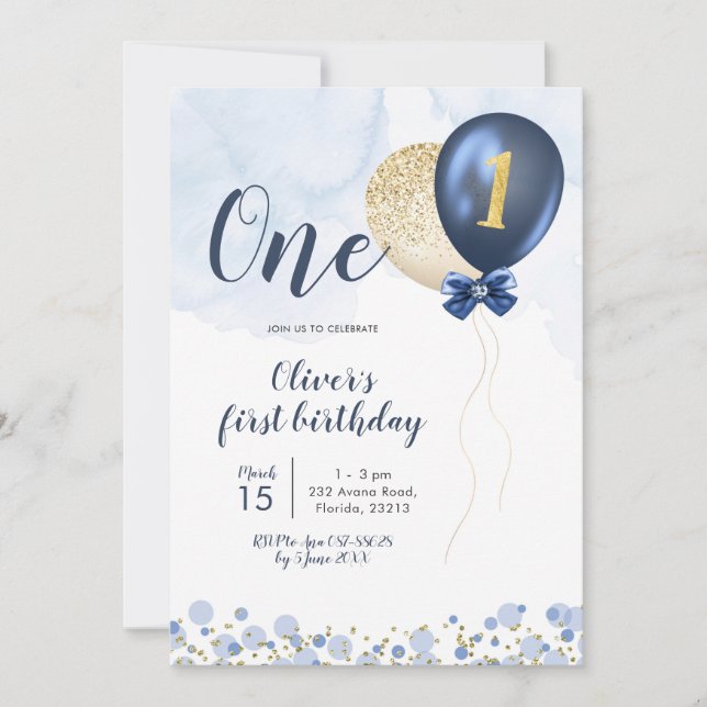 Invitation Marine Blue et Gold Balloon Boy Premier anniversai (Devant)