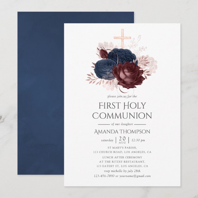 Invitation Marine Blue et Maron Floral Holy Communion (Devant / Derrière)