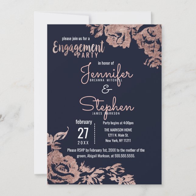 Invitation Marine Blue et Rose Gold Floral Engagement Party (Devant)