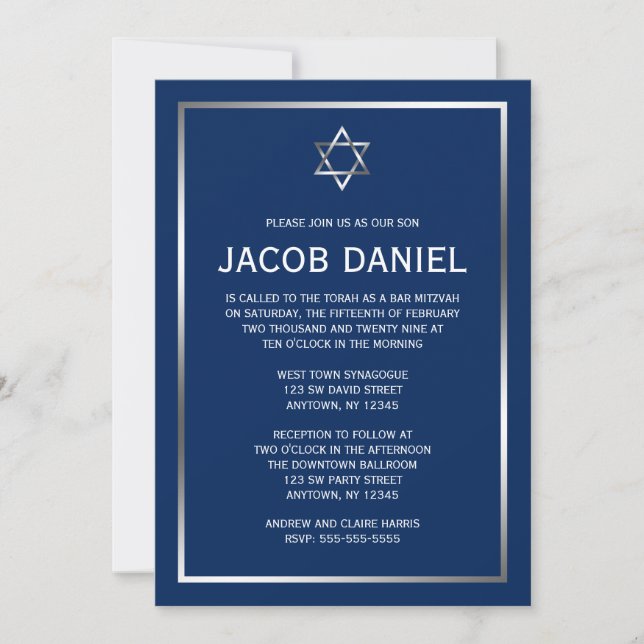 Invitation Marine Blue et Silver Star de David Bar Mitzvah (Devant)
