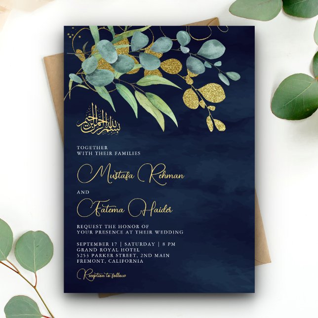Invitation Marine Blue Eucalyptus Gold Branche Mariage islami (Créateur téléchargé)