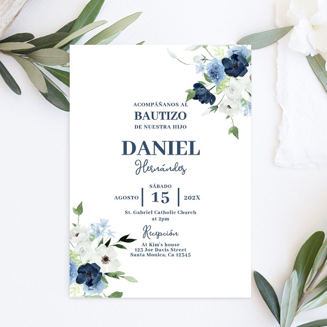 Invitation Marine Blue Floral Baptême garçon Espagnol invitat (Créateur téléchargé)