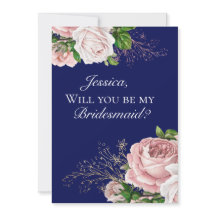 Marine Blue Floral Blush Roses Bridesmaid Invitati
