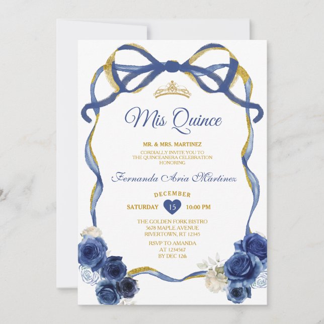 Invitation Marine Blue Floral Bow Frame Or Couronne Mis Quinc (Devant)