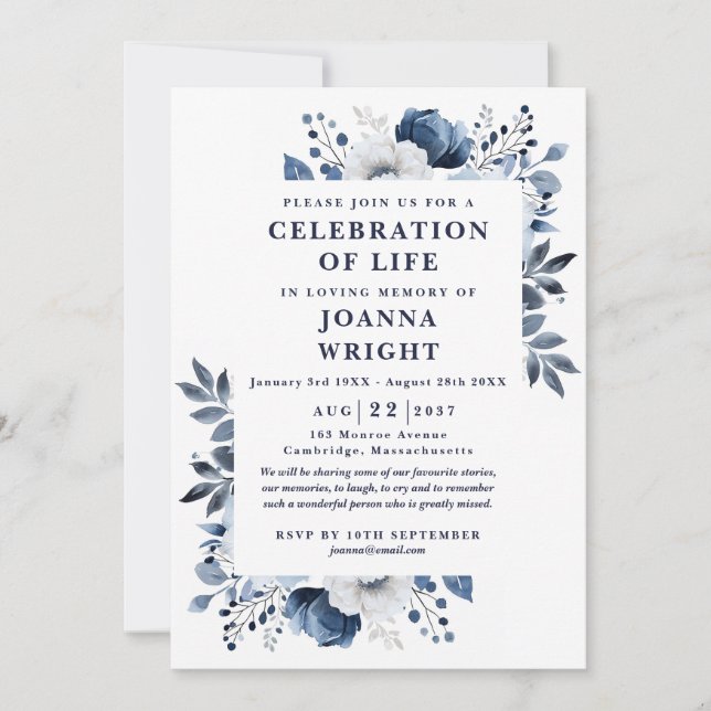Invitation Marine Blue Floral Célébration De La Vie Funéraire (Devant)