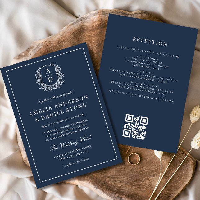 Invitation Marine Blue Floral Crest Monogramme Mariage QR Cod (Créateur téléchargé)