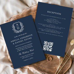 Invitation Marine Blue Floral Crest Monogramme Mariage QR Cod