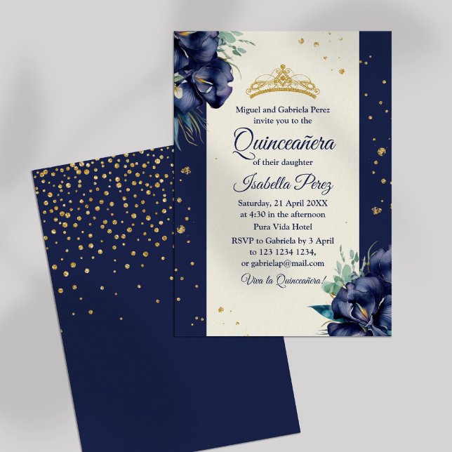 Invitation Marine Blue Floral et or Tiara Quinceanera (Navy Blue Floral and Gold Tiara Quinceanera Invitation on off-white background.)