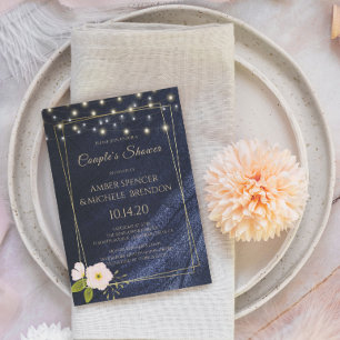 Invitation Marine Blue Floral Gold Frame Couple's Shower