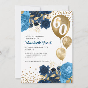 Invitation Marine Blue Floral Gold Parties scintillant Ballon